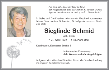 Traueranzeige von Sieglinde Schmid von Allgäuer Zeitung, Kaufbeuren/Buchloe