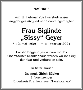 Traueranzeige von Siglinde Geyer von Allgäuer Anzeigeblatt