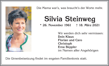 Traueranzeige von Silvia Steinweg von Allgäuer Zeitung,Kempten