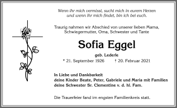 Traueranzeige von Sofia Eggel von Allgäuer Zeitung,Kempten