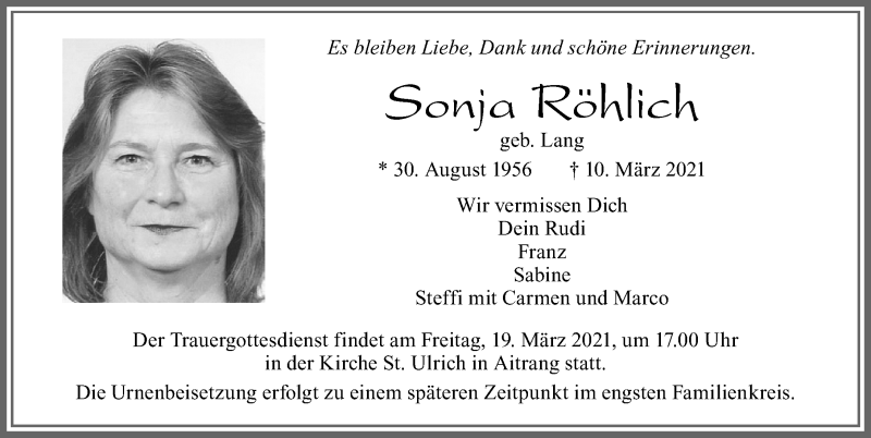  Traueranzeige für Sonja Röhlich vom 17.03.2021 aus Allgäuer Zeitung