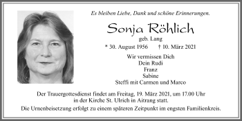 Traueranzeige von Sonja Röhlich von Allgäuer Zeitung