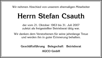 Traueranzeige von Stefan Csauth von Allgäuer Zeitung, Marktoberdorf
