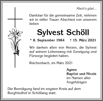 Traueranzeige von Sylvest Schöll von Allgäuer Anzeigeblatt