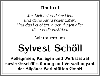 Traueranzeige von Sylvest Schöll von Allgäuer Anzeigeblatt