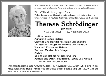 Traueranzeige von Therese Schrödinger von Allgäuer Zeitung, Kaufbeuren/Buchloe