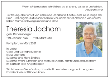 Traueranzeige von Theresia Jocham von Allgäuer Zeitung,Kempten