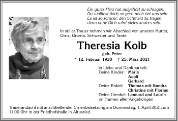 Traueranzeige von Theresia Kolb von Allgäuer Zeitung,Kempten
