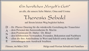 Traueranzeige von Theresia Sebald von Allgäuer Zeitung, Füssen