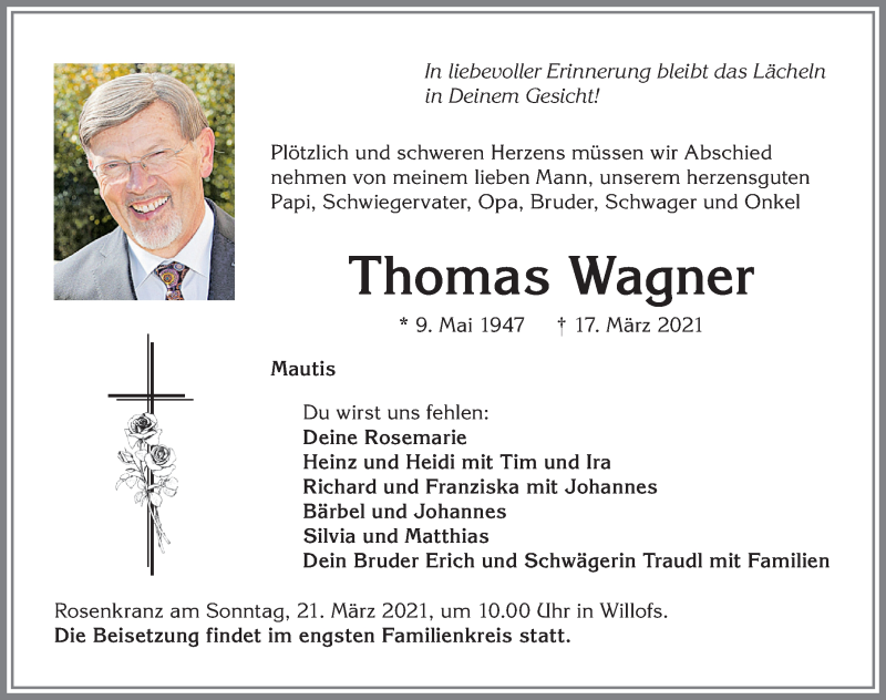  Traueranzeige für Thomas Wagner vom 20.03.2021 aus Allgäuer Zeitung, Marktoberdorf