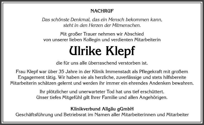  Traueranzeige für Ulrike Klepf vom 30.03.2021 aus Allgäuer Anzeigeblatt