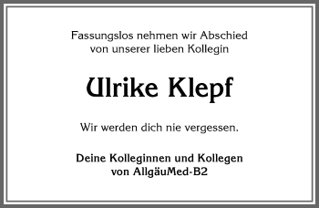 Traueranzeige von Ulrike Klepf von Allgäuer Anzeigeblatt
