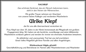Traueranzeige von Ulrike Klepf von Allgäuer Zeitung,Kempten