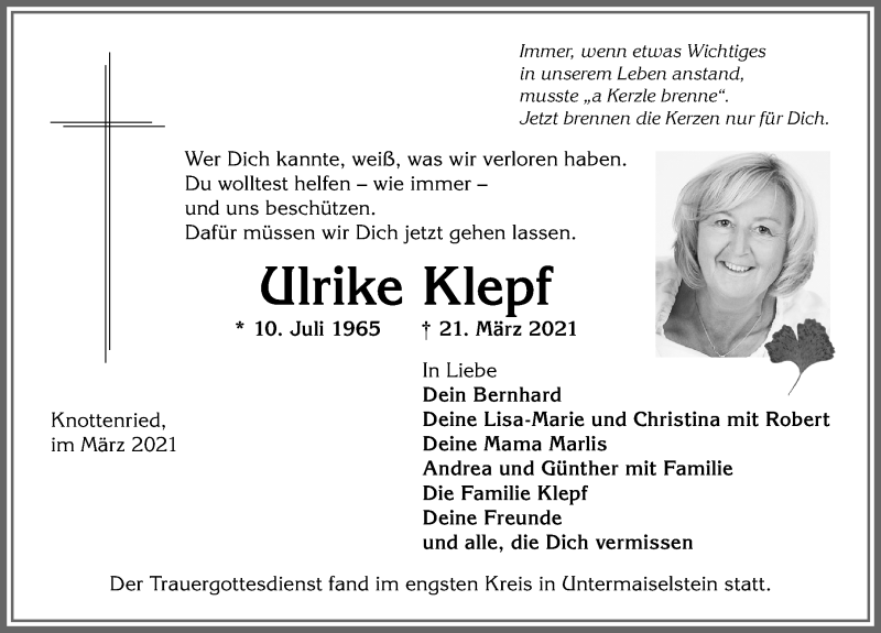  Traueranzeige für Ulrike Klepf vom 27.03.2021 aus Allgäuer Anzeigeblatt