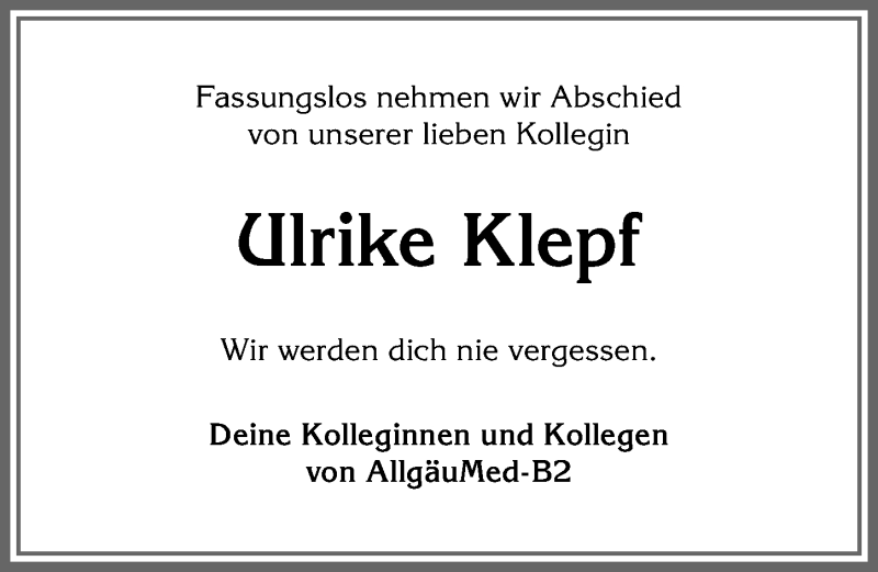  Traueranzeige für Ulrike Klepf vom 27.03.2021 aus Allgäuer Anzeigeblatt