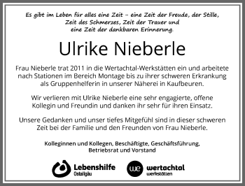 Traueranzeige von Ulrike Nieberle von Allgäuer Zeitung, Kaufbeuren/Buchloe