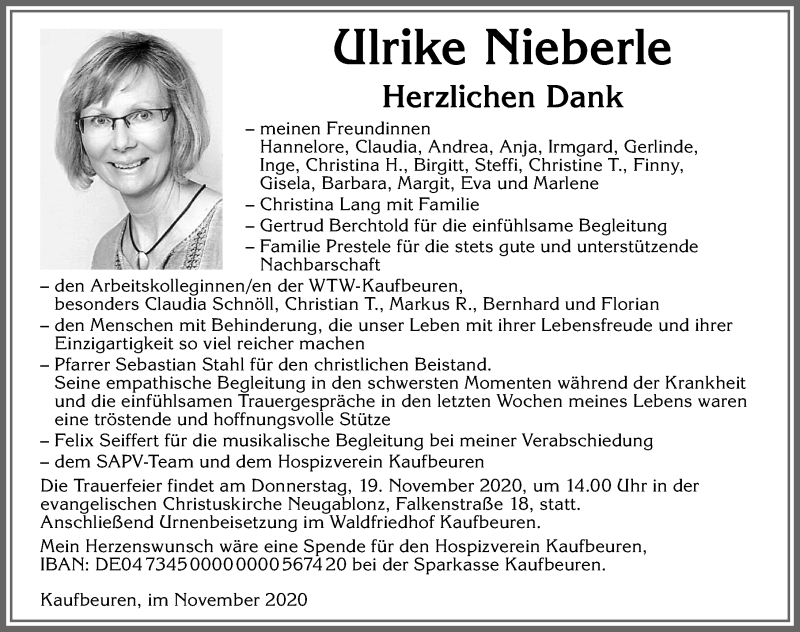  Traueranzeige für Ulrike Nieberle vom 14.11.2020 aus Allgäuer Zeitung, Kaufbeuren/Buchloe