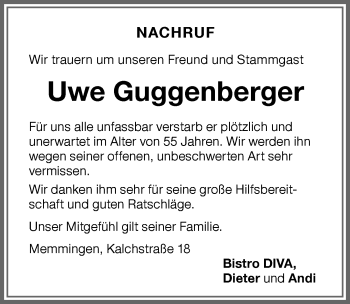 Traueranzeige von Uwe Guggenberger von Memminger Zeitung