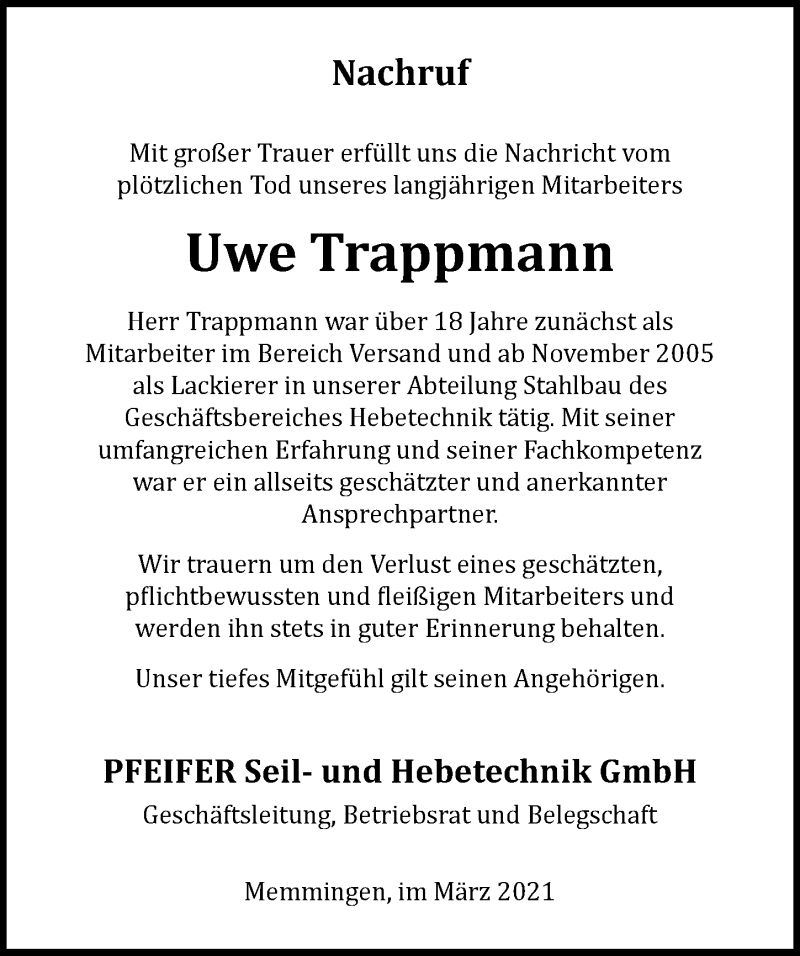  Traueranzeige für Uwe Trappmann vom 13.03.2021 aus Memminger Zeitung