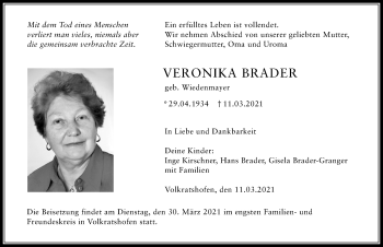 Traueranzeige von Veronika Brader von Memminger Zeitung