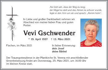 Traueranzeige von Vevi Gschwender von Allgäuer Anzeigeblatt