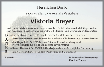 Traueranzeige von Viktoria Breyer von Allgäuer Zeitung,Kempten