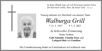 Traueranzeige von Walburga Grill von Allgäuer Zeitung, Füssen