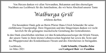 Traueranzeige von Walburga Grill von Allgäuer Zeitung, Füssen