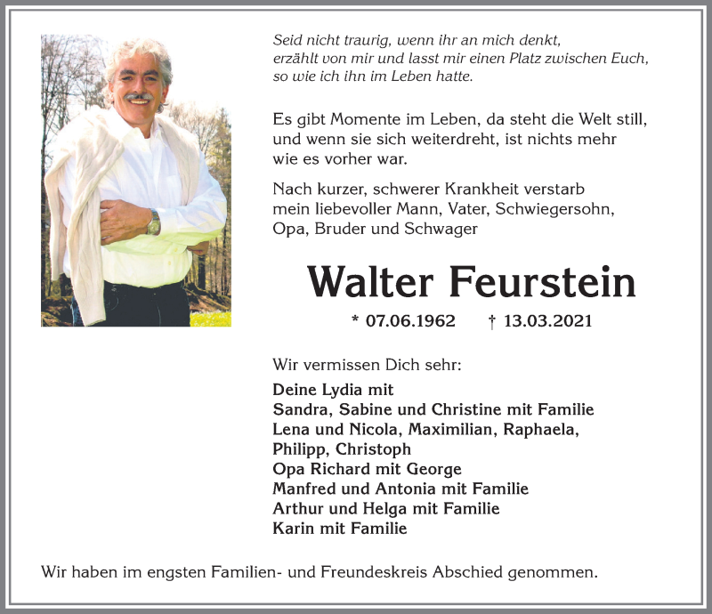  Traueranzeige für Walter Feurstein vom 27.03.2021 aus Allgäuer Anzeigeblatt