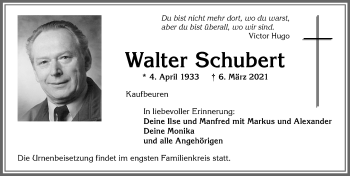 Traueranzeige von Walter Schubert von Allgäuer Zeitung, Kaufbeuren/Buchloe