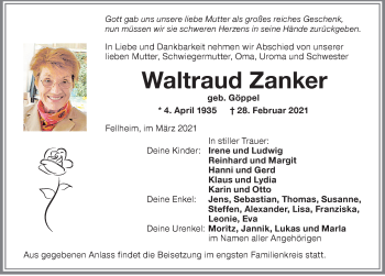 Traueranzeige von Waltraud Zanker von Memminger Zeitung