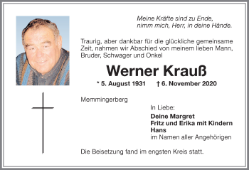 Traueranzeige von Werner Krauß von Memminger Zeitung
