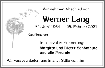 Traueranzeige von Werner Lang von Allgäuer Zeitung, Kaufbeuren/Buchloe