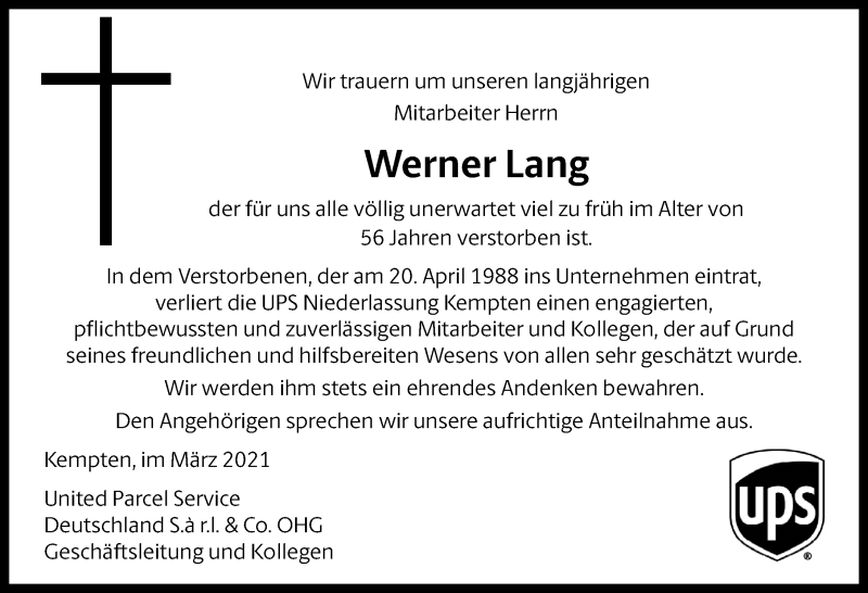  Traueranzeige für Werner Lang vom 13.03.2021 aus Allgäuer Zeitung,Kempten