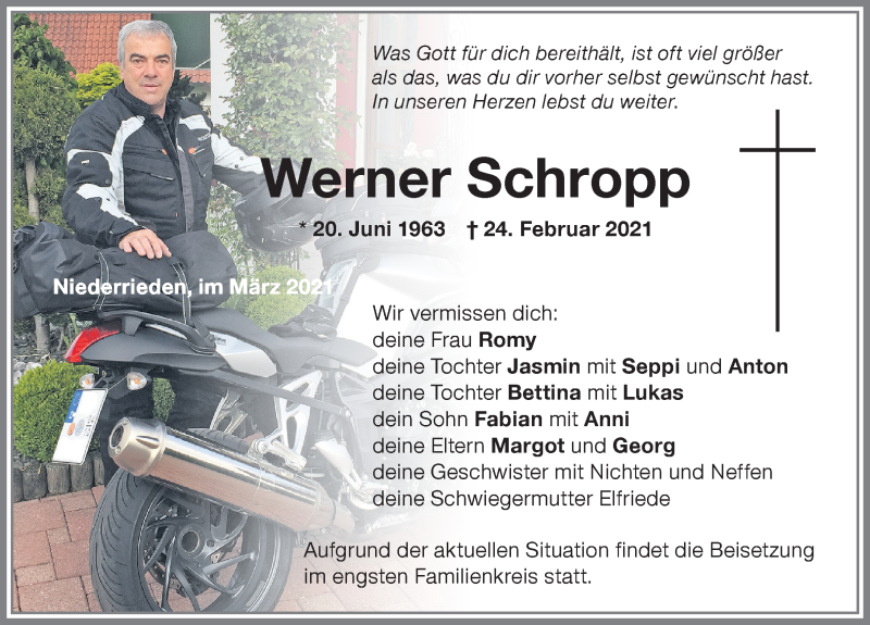  Traueranzeige für Werner Schropp vom 02.03.2021 aus Memminger Zeitung