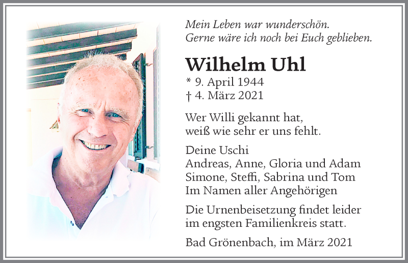  Traueranzeige für Wilhelm Uhl vom 06.03.2021 aus Allgäuer Zeitung