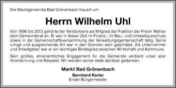 Traueranzeige von Wilhelm Uhl von Memminger Zeitung
