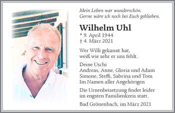 Traueranzeige von Wilhelm Uhl von Allgäuer Zeitung