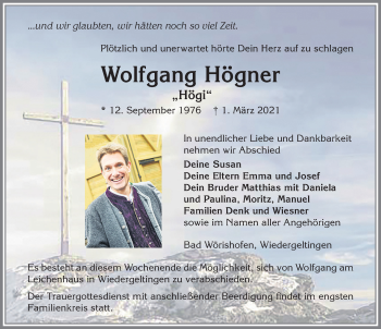 Traueranzeige von Wolfgang Högner von Allgäuer Zeitung