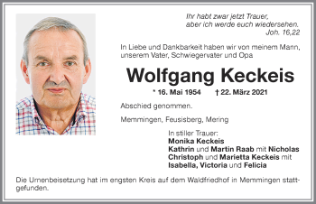 Traueranzeige von Wolfgang Keckeis von Memminger Zeitung