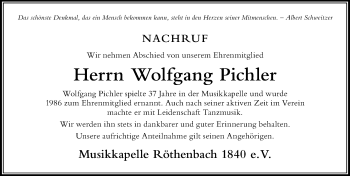 Traueranzeige von Wolfgang Pichler von Der Westallgäuer