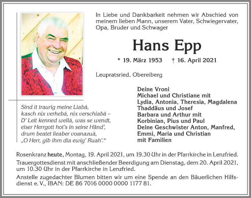  Traueranzeige für Hans Epp vom 19.04.2021 aus 