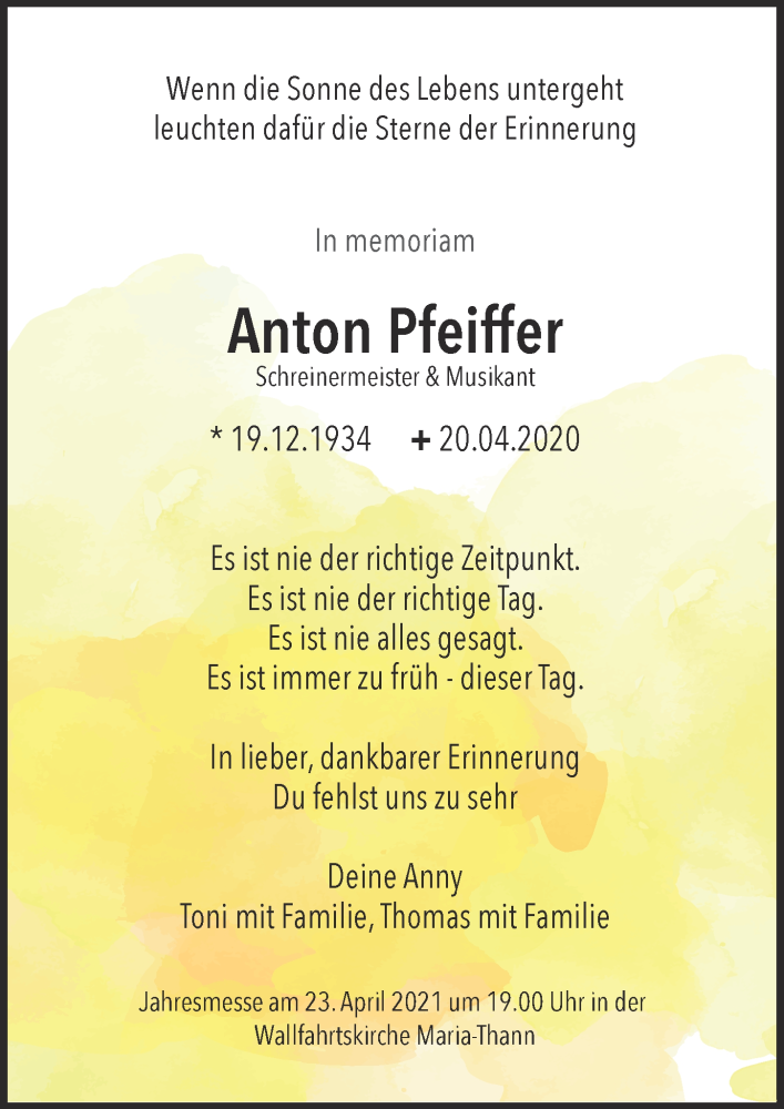  Traueranzeige für Anton Pfeiffer vom 20.04.2020 aus 