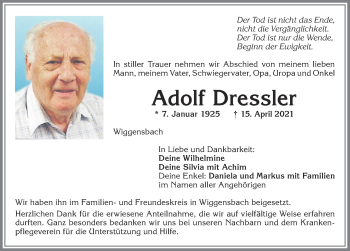 Traueranzeige von Adolf Dressler von Allgäuer Zeitung,Kempten