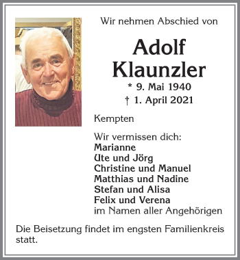 Traueranzeige von Adolf Klaunzler von Allgäuer Zeitung,Kempten