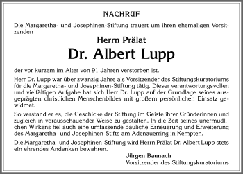 Traueranzeige von Albert Lupp von Allgäuer Zeitung, Gesamtausgabe