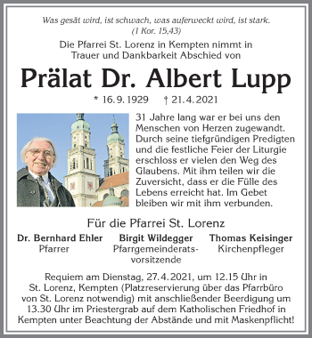 Traueranzeige von Albert Lupp von Allgäuer Zeitung,Kempten
