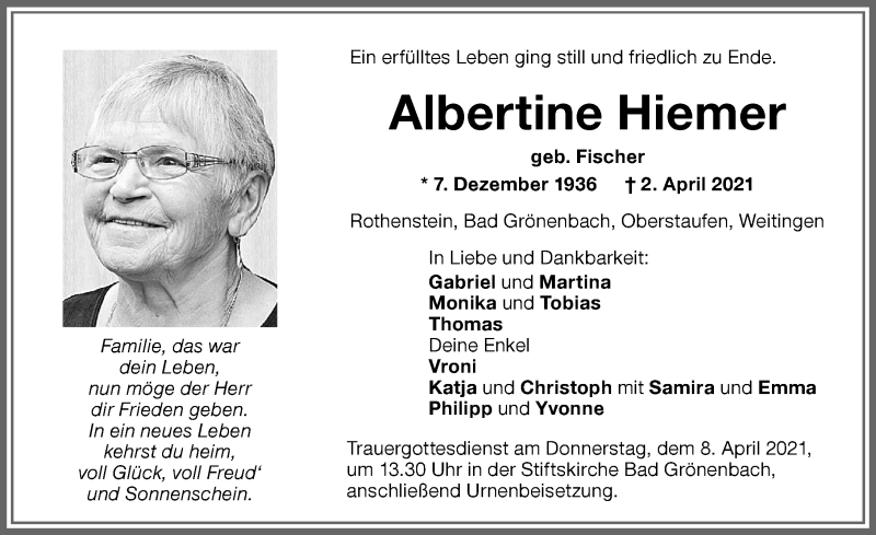  Traueranzeige für Albertine Hiemer vom 06.04.2021 aus Memminger Zeitung
