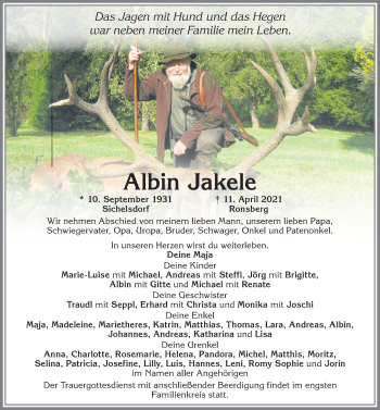 Traueranzeige von Albin Jakele von Allgäuer Zeitung
