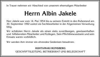 Traueranzeige von Albin Jakele von Allgäuer Zeitung, Marktoberdorf